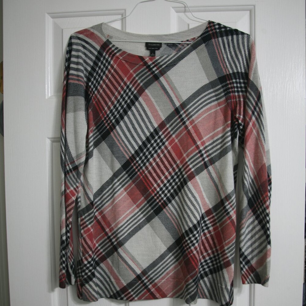Talbots Women's Soft Lightweight Sweater, Size L, Red/Black/Cream Plaid